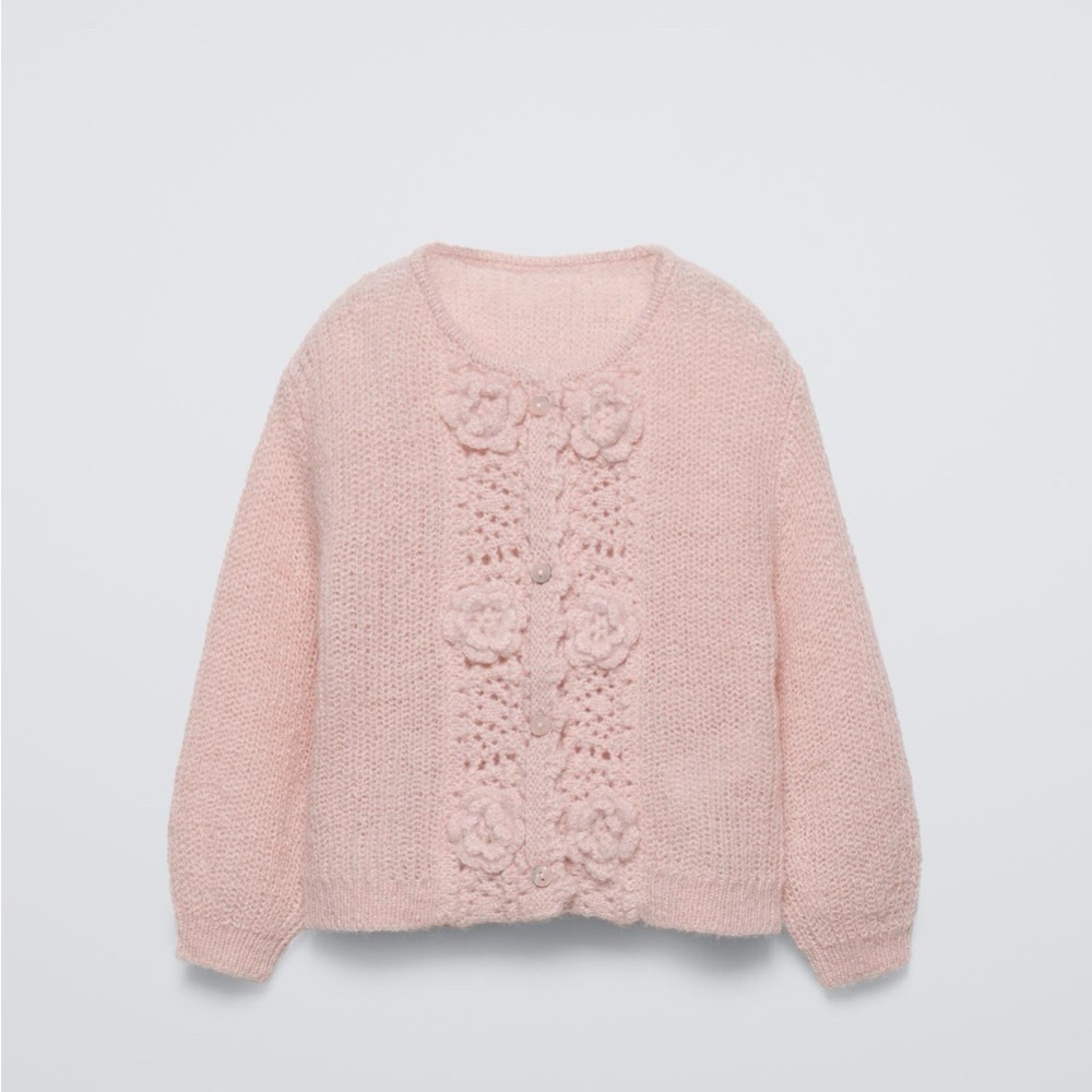 Zara Chic Pink Knit Cardigan with Floral Details